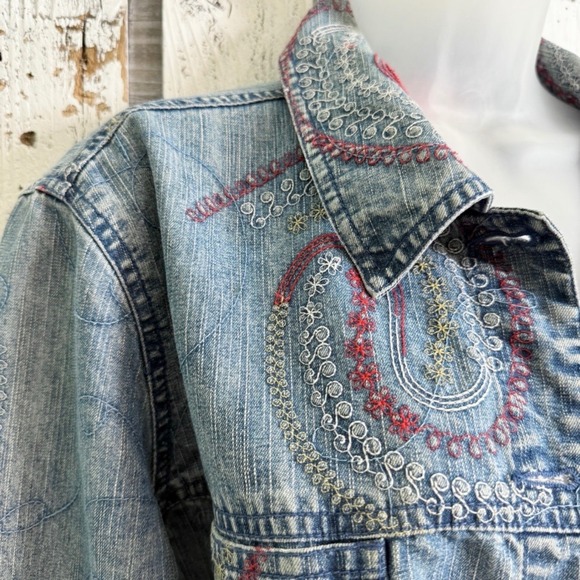 VTG Hearts of Palm Embroidered Denim Jacket Blue Paisley Size 14 L/XL Boho Artsy - Picture 9 of 11